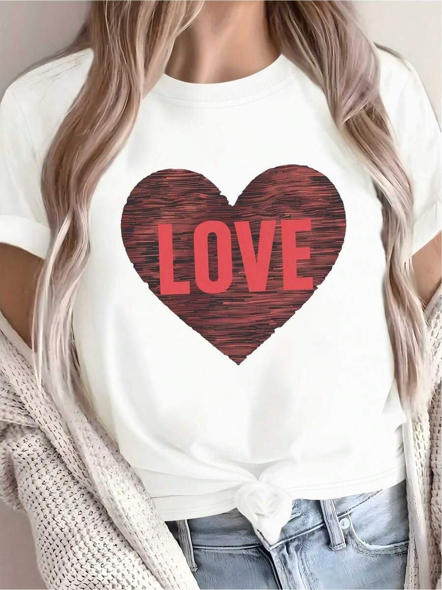 Women's Blue Pure T-Shirt With Red White Striped Heart & LOVE Print - Casual Short Sleeve Round Neck Top For Valentine's Day, Casual Attire, All-Season (Machine Washable) - Soft Breathable Love L