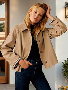 Women's Spring Autumn Casual Jacket Flip Collar Button Down Long Sleeve Jacket Suitable For Multiple Occasions - Màu Khaki - Xem 5