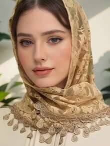 圣诞三角围巾黑白蕾丝面纱流苏饰边头巾披肩新娘面纱情人节配饰，婚礼发饰 - 彩色 - 查看 11