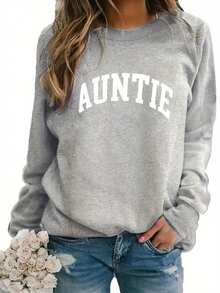 2026 New Year Outfit Women Plus Size 'AUNTIE' Letter Print Sweatshirt - Soft Machine Washable Polyester Fiber Crew Neck Pullover, Autumn Winter Casual Comfortable Fashion Design, Cute Loose Top, Daily Wear, Comfortable Fabric, Casual Style Loose And Comfortable Winter Clothes For Women - 淺灰色 - 查看 12
