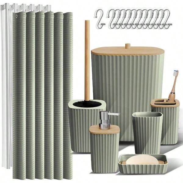 Clara Clark Bathroom Accessories Set - Bathroom Set, Bathroom Accessory Set, Shower Curtain Set, Toilet Brush, Trash Can & Soap Dispenser - Black - 20PC