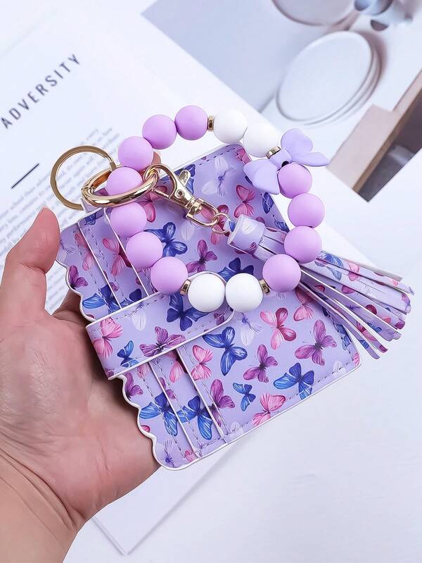 1 Set Butterfly Print PU Wallet & Keychain, Bowknot Silicone Beaded Bracelet, Card Holder, Coin Purse, Bag Charm, Key Chain, Gift For Friends, Family, Birthday