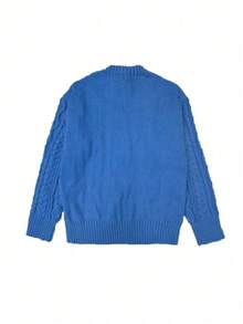 Men's Textured Crew Neck Long Sleeve Casual Loose Pullover Sweater, Versatile For Daily Wear, Autumn/Winter - Royal Blue - View 2