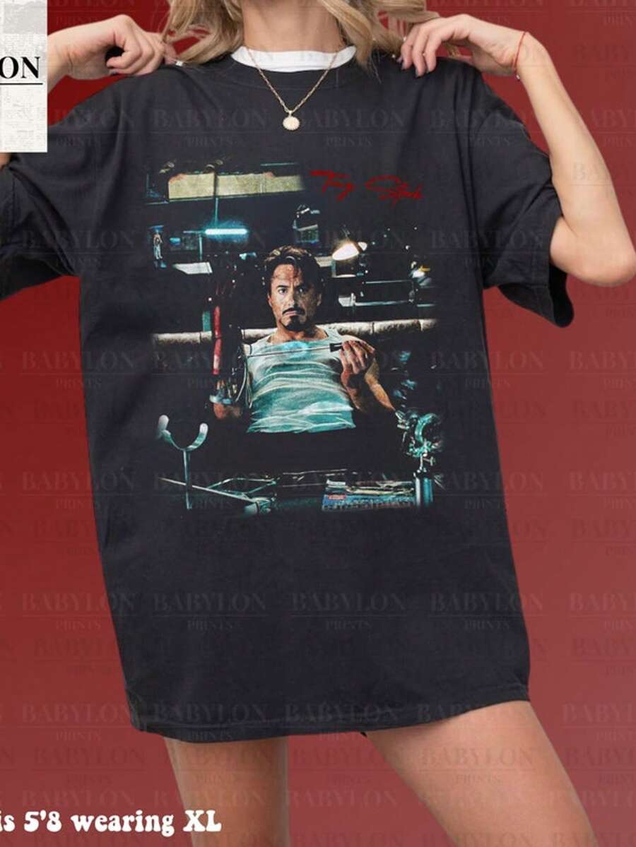 Vintage Ir On Man T Shirt Retro Tony Stark Ir On Man Signature Movie Shirt Robert Downey Jr Ma Rvel Dis - 黑色 - 查看 1