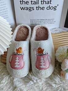 新款欧美跨境粉色&红色圣诞老人粉色姜饼人毛绒女士拖鞋保暖内衬室内拖鞋情侣布艺拖鞋冬季