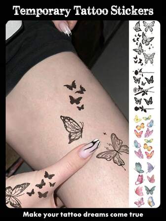 4 Sheets Body Art Tattoo Stickers For Women, Y2k Style Fashion Colorful Butterfly And Rose Patterns, Waterproof Fake Tattoos, Last 2-5 Days, Use On Fingers, Hands, Arms, Neck, Collarbone, Chest, Waist, Ankles, Suitable For Festivals, Parties, Music Festivals And Other Occasions