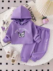 2 件套女婴时尚休闲套装，字母和蝴蝶印花长袖连帽运动衫上衣和字母印花紫色裤子 - 紫色 - 查看 2