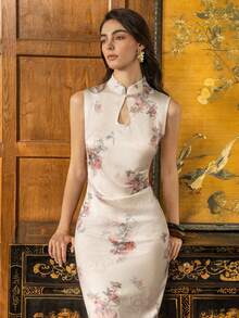 Faeriesty ​Elegant Mandarin Collar Sleeveless Cheongsam | Cut-Out Detail & Back Slit Floral New Chinese Style Dress | For Wedding Galas, Red Carpet Events, Anniversary Dinners, Charity Balls, Executive Banquets​ - Baby Pink - View 6