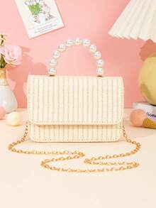 1 pieza Bolso de mano con textura de paja falsa de unicolor con perlas, bolso cruzado con cadena de metal, adecuado para salidas, regalo de cumpleaños, regalo de vacaciones