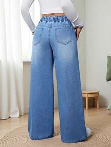 Women's Casual Wide Leg Jeans, Drawstring Waist, Long Pockets, Zipper Closure, Medium Stretch Fabric Spring - Dusty Blue - View 4