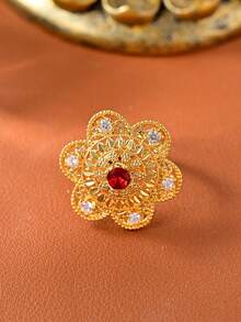 1pc Luxurious And Elegant Flower Openwork Design Ring For Women, Vintage And Noble Ring With Cubic Zirconia.Featuring An 18k Gold-Plated Adjustable Band. Perfect For Wedding, Parties, Banquets, Holiday Celebrations, Gift Giving And Other Special Occasions. - Luxurious - View 4