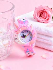 Jam Tangan Anak Perempuan 3D dengan Tali Silikon Lembut Motif Kartun Kupu-kupu dan Unicorn, Jam Tangan Quartz dengan Pola Kupu-kupu Unik - Berwarna merah muda - View 5