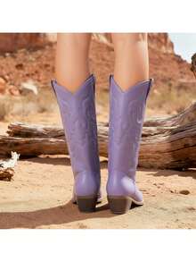 Lurnyet Cowboy Boots For Women Cowgirl Western Boots Fashion Embroidery Stitched Chunky Heel Mid Calf Boots WACOW-2 - 薰衣草 - 查看 8