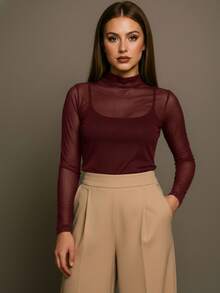 Women's Long Sleeve Tulle Blouse With High Neck, Elegant, Simple, Sheer, No Transparency, Suitable For Evening, Stage, Concerts, And Beach. - Màu Đỏ Sâu - Xem 6