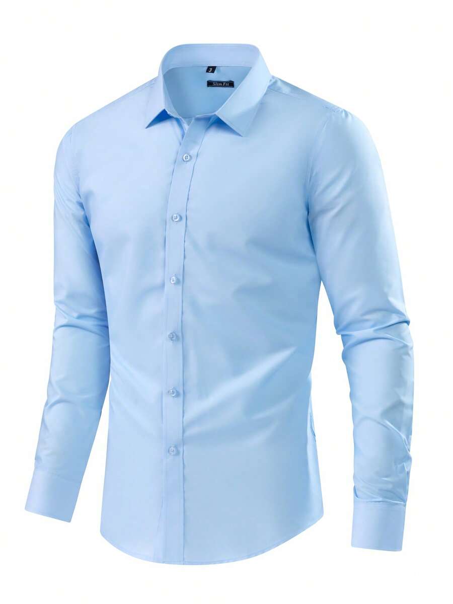 Camisa Social Masculina Microelástica para Trabalho e Dia a Dia - Azul Bebê - Visão 1