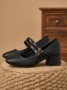 MonaNise 女士5厘米布面包跟时尚金属星空黑色玛丽珍粗跟平底鞋 - 黑色 - 查看 5