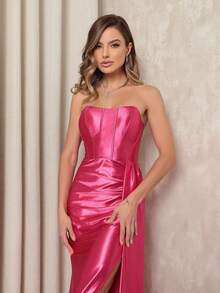 Elegant And Sexy Strapless Maxi Party Dress With Side Slit And Back Tie. Ideal For Bridesmaids/Smart Casual Attire/Wedding Guests/Graduates/Formal Occasions. - 玫紅色 - 查看 4