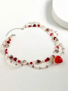 1 件清新甜美 Y2k 草莓吊坠项链串珠颈链仿珍珠锁骨链 - 紅色 - 查看 3