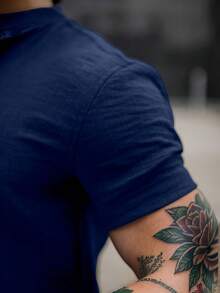 Men's Short Sleeve Priest Collar Shirt – Premium Quality, Perfect Fit, Light And Fresh Fabric, Easy To Iron. - 藍色 - 查看 3