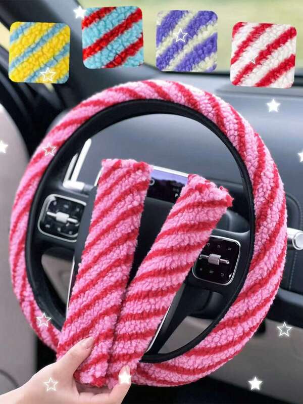 Juego de decoración interior de coche a rayas, funda para cinturón de del coche, funda para volante, protector de cinturón de del coche a rayas para aliviar la presión del hombro, funda de cinturón de del coche suave y esponjosa, adecuada para camiones, SUV, accesorios interiores de RV