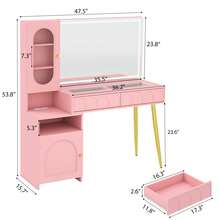 47.5" Big Modern Vanity  With Mirror And Lights, Fluted Makeup Vanity With Glass Top, Vanity Desk With 2 Drawers & Glass Cabinet, Wood Vanity With Storage Cabinet,3 Lighting Modes For Bedroom,Gift For Girls Women - Xem 2