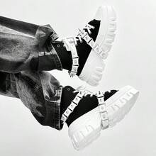 SLnU3 3pcs Men's Fashionable Thick Sole Elevated Motorcycle Boots, Punk Street Preppy Casual Style, Personalized Accessories Decoration, Interchangeable, Metal Eyelets Lace-Up Side Zipper, Simple Design Suitable For Outdoor All Seasons Versatile - Black and White - View 5