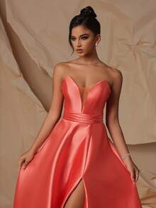 VIPGIRL - Charming Strapless Coral Satin Evening Gown, Mesh Details, High Slit Design - Elegant Formal Ball Gown, Suitable For Special Occasions - Orange - View 5