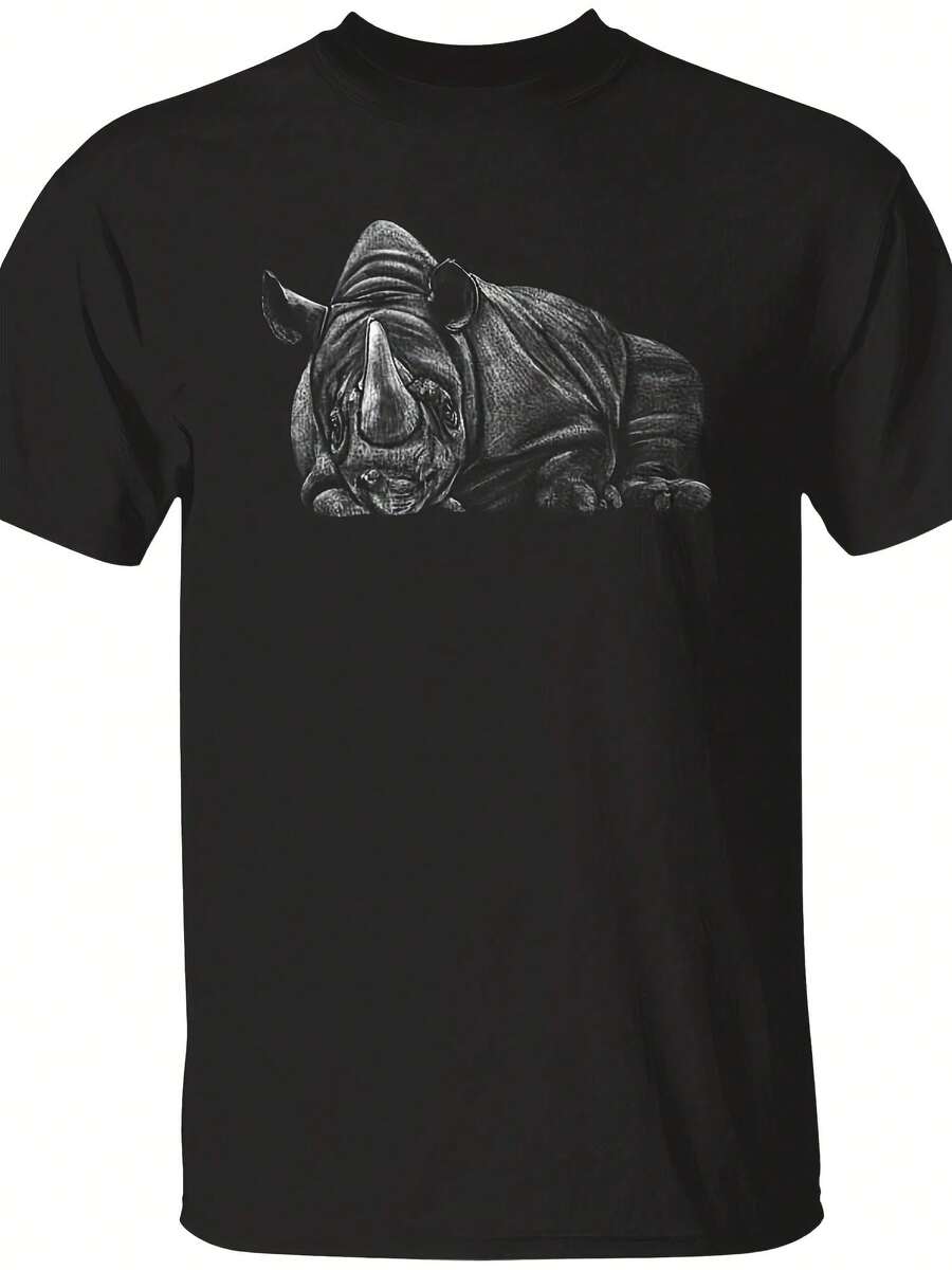 Rhino T-Shirt, Realistic Rhinoceros Animal T-Shirt, Wild Tee, Black Rhino Shirt, Shirt Gifts For Wild Lovers, Wild Lovers T-Shirt,This Fun Printed Casual T-Shirt Is The Perfect Gift For Valentine's Day/Christmas - 款式24 - 查看 1