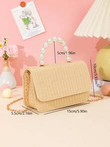 1 pieza Bolso de mano con textura de paja falsa de unicolor con perlas, bolso cruzado con cadena de metal, adecuado para salidas, regalo de cumpleaños, regalo de vacaciones