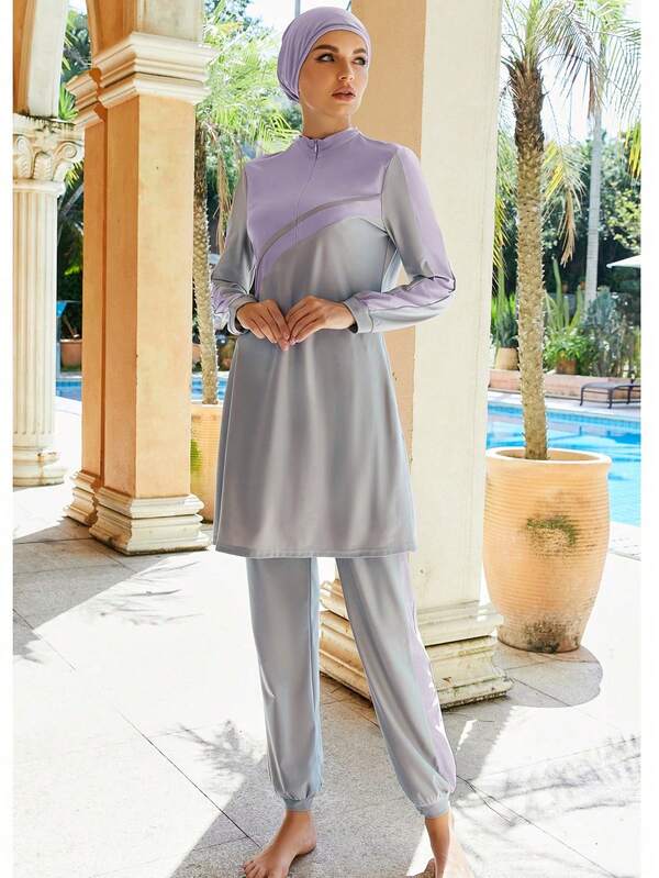VFJ Muslim Women's Swimwear, Islamic Style 3 Pieces Swimwear Set, Gray And Pink Patchwork, Long Sleeve Burkini Dress And Pants Vacation Summer