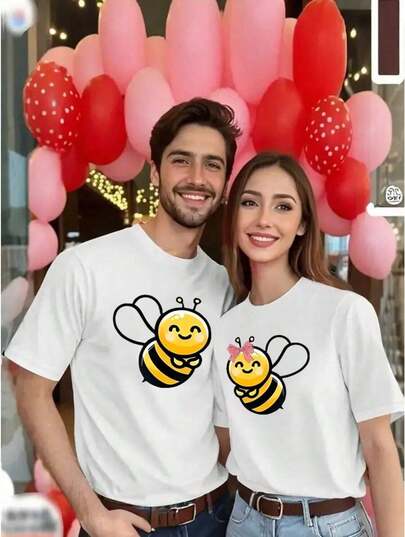[Camiseta Gráfica de Pareja] Camiseta Gráfica Unisex para Pareja - Linda Impresión de Abeja y Corazón, Manga Corta, Cuello Redondo, Conjuntos Casuales de Primavera Verano, Lavable a Máquina (Se Vende por Separado para Hombres y Mujeres), Camisetas a Juego para Parejas, Camiseta de Diseño Juvenil, Tela Cómoda