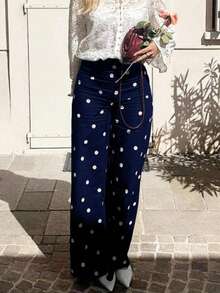 Solstice Apparel 波点印花高腰阔腿裤，深咖啡色宽松修身长裤，复古甜美酷炫风格，适合日常出行、通勤和约会，春夏百搭下装 - 寶藍色 - 查看 4