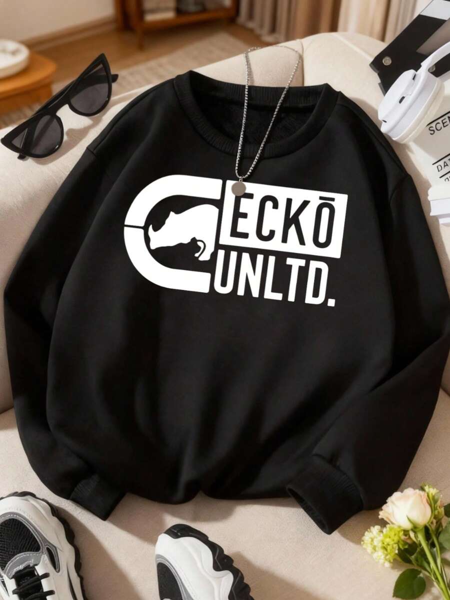 Hombre004 Parte superior de ropa para casa, cómoda y abrigada Sudadera de cuello redondo de moda,top deportivo y jersey informal con envío local desde México Sudadera elegante con logotipo distintivo "ECKŌ UNLTD." para un estilo único en tus atuendos diarios - Negro - Ver 1
