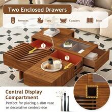 Holiday Coffee Table – 47" Modern Wood Table With Tempered Glass, Fluted Style & Drawers, Ideal For Christmas Living Room - Brown + Solid Wood+MDF+Glass - View 9