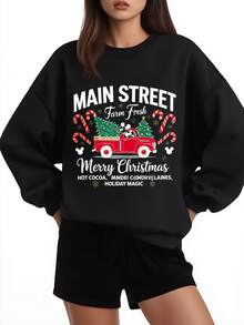 Black Christmas Sweatshirt Mickey Mouse Red Truck Farm Fresh Main Street Merry Christmas Hot Cocoa Holiday Magic Women's Casual Winter Sweater For Festive Season - 黑色 - 查看 1