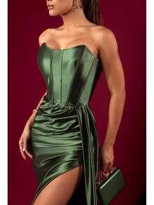 Elegant And Sexy Strapless Maxi Party Dress With Side Slit And Back Tie. Ideal For Bridesmaids/Smart Casual Attire/Wedding Guests/Graduates/Formal Occasions. - 軍綠色 - 查看 4