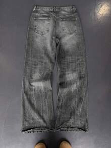 男士深蓝色做旧水洗宽松牛仔裤，复古超大款阔腿牛仔裤，质感粗犷，街头风 - 灰色 - 查看 2