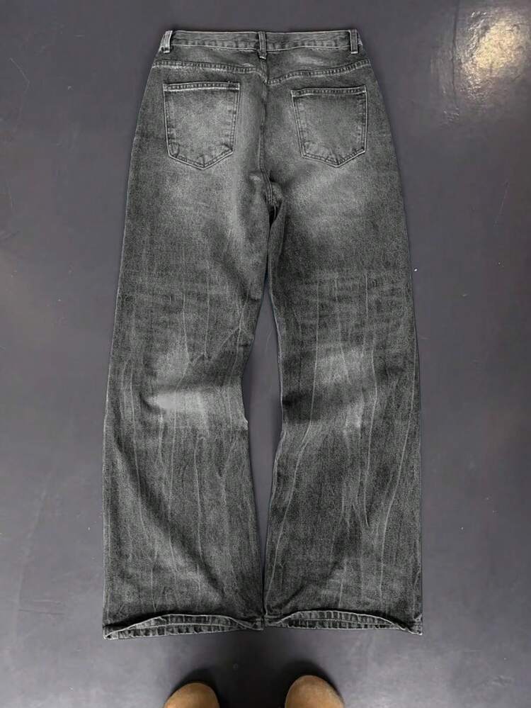 男士深蓝色做旧水洗宽松牛仔裤，复古超大款阔腿牛仔裤，质感粗犷，街头风 - 灰色 - 查看 2