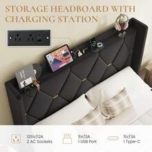 SHA CERLIN Full/Queen/King Velvet Upholstered Bed Frame With Charging Station, Modern Wingback Storage Headboard, Diamond Stitched & Gold Trim, No Box Spring Needed, Easy Assembly, Black - 黑色 - 查看 3