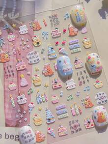 1 Schleife süße Happy Birthday Kuchen Nagelkunst Sticker, beinhaltet Teddybär, Kerze, Zahlen, Desserts, Sterne, Fliege und Strass, 5D stereoskopische Nail Decals, selbstklebend, geeignet für Frauen Feiertags-DIY Maniküre - Verschiedenfarbig - Übersicht 6