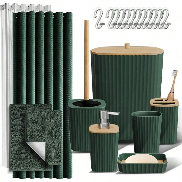 Clara Clark Bathroom Accessories Set - Bathroom Set, Bathroom Accessory Set, Shower Curtain Set, Toilet Brush, Trash Can & Soap Dispenser - Black - 20PC - Hunter Green - 查看 9
