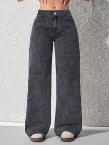 1pc Loose Casual Denim Effect Pants, Suitable For School And All Seasons - Dark Grey - View 7