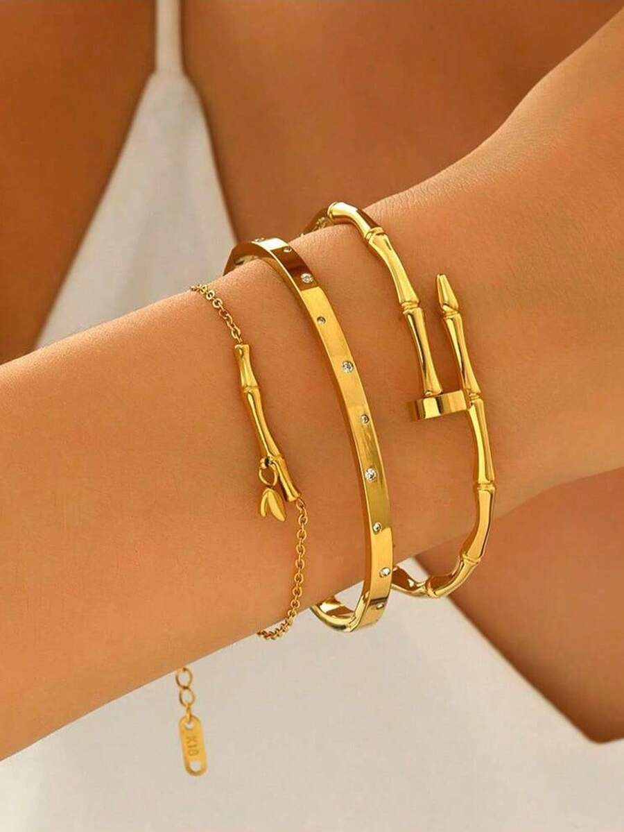 3pcs Set Bracelet, Golden Stainless Steel Bracelet Set Stainless Steel Bracelet Men And Women's Four Seasons Personalized Design Heart Zirconia Bracelet Jewelry Accessories Gifts, Jewelry Gold Jewelry Jewelry Women Bracelets Accessories