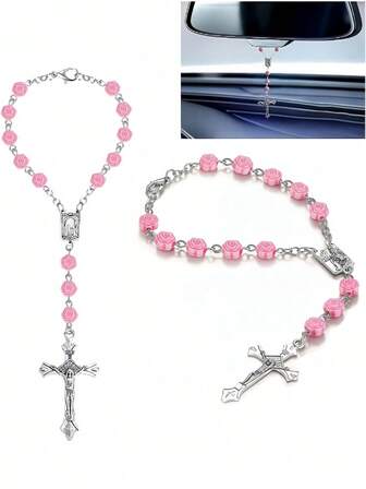 1件粉色玫瑰串珠十字架挂饰，优雅的后视镜挂饰，汽车内饰配件。手链