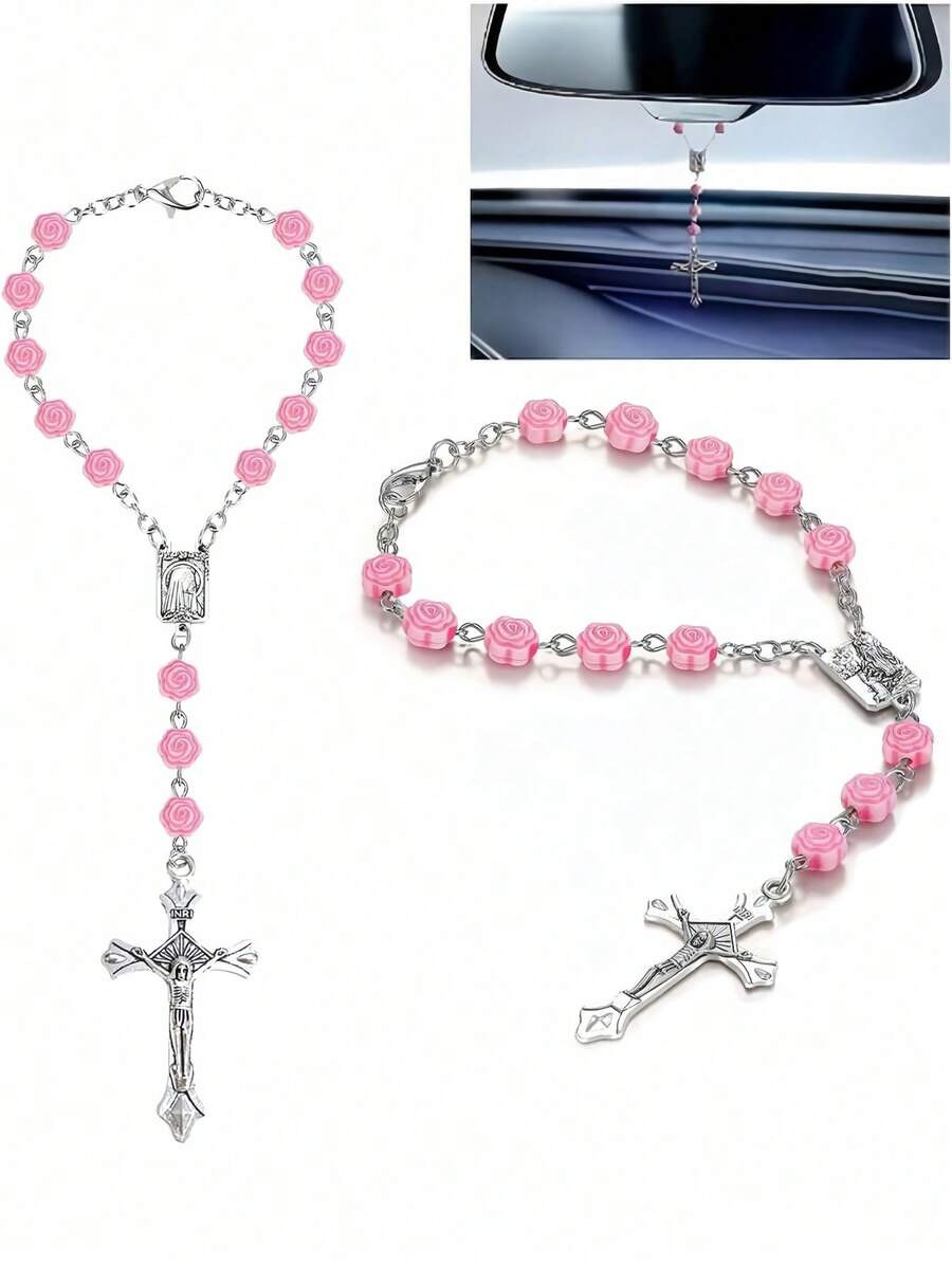 1 قطعة زخرفة صليب مزينة بالخرز على شكل وردة وردية، ديكور أنيق معلق على مرآة السيارة، إكسسوار داخلي للسيارة، سوار