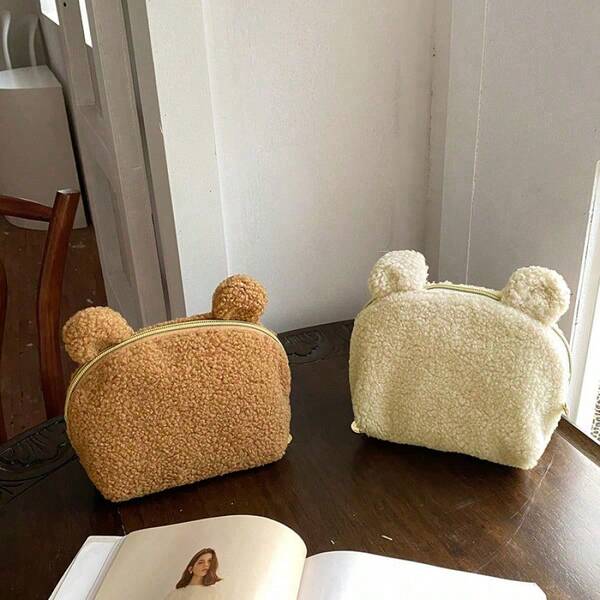 1pc Spacious Mama & Baby Cute Plush Bear Portable Shell Storage Bag For Outing