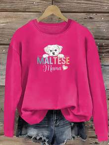 1 Piece Women's Casual Long Sleeve Round Neck Sweatshirt With Maltese Mom Print, Polyester Fabric, Regular Length, Suitable For All Seasons Fashion Top Loose And Comfortable Valentine Sweatshirts - màu đen - Xem 8