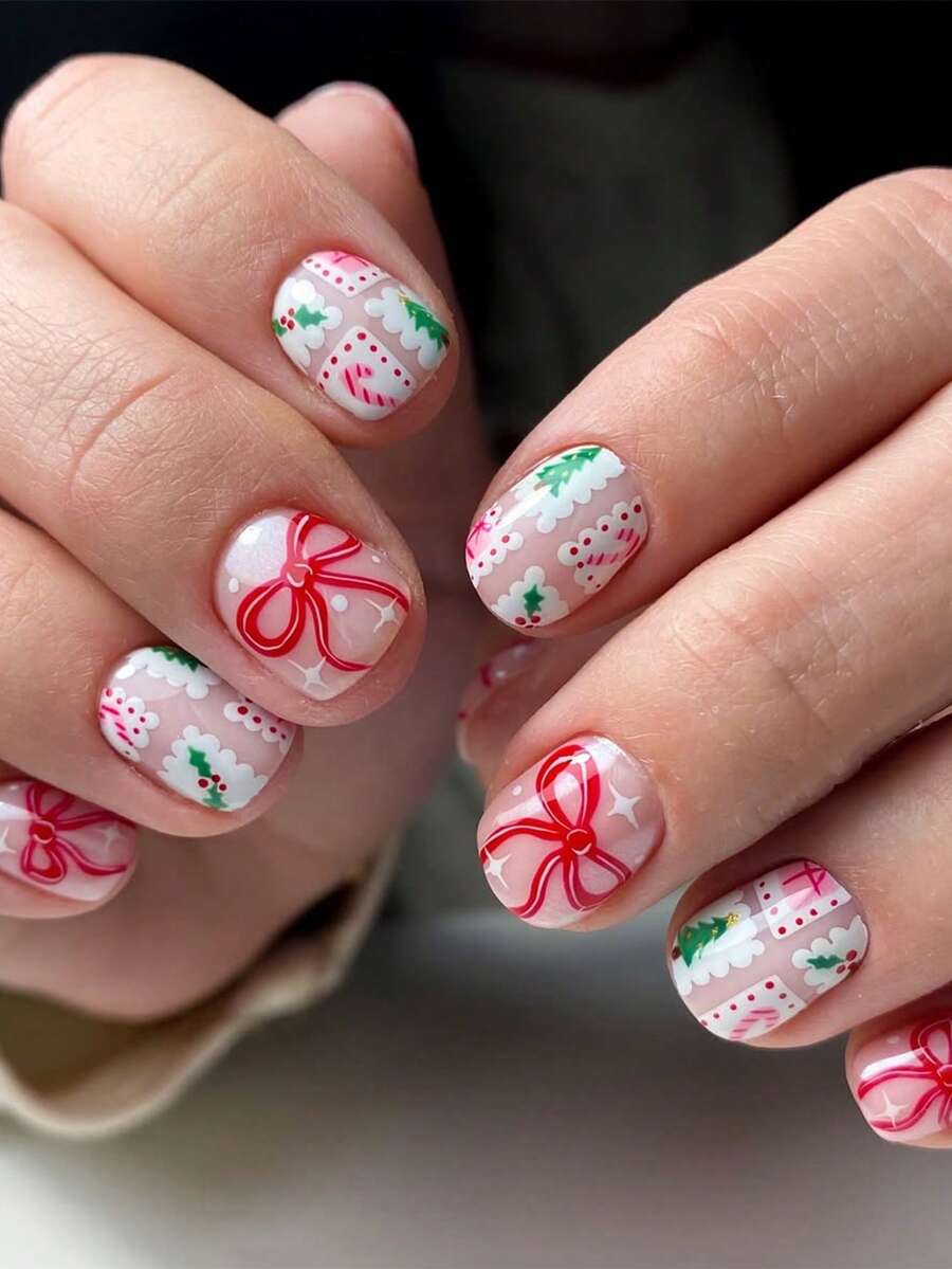 24 Pieces Short Press On Nails Christmas Cartoon Red Bow French Square Acrylic Wear Supplies Nail Short Fake Coffin Nails