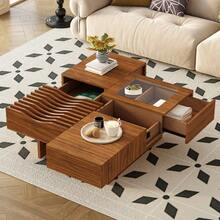 Holiday Coffee Table – 47" Modern Wood Table With Tempered Glass, Fluted Style & Drawers, Ideal For Christmas Living Room - Brown + Solid Wood+MDF+Glass - View 2