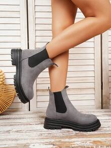 Botas cortas de ante para mujer, botas Chelsea con panel elástico, suela gruesa y tacón ancho de unicolor y punta redonda, botas de cigarrillo, botas de otoño/invierno - Gris - Ver 6